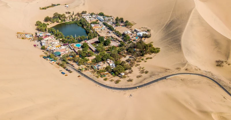 Fotografía aérea de un oasis visto desde arriba con una comunidad alrededor