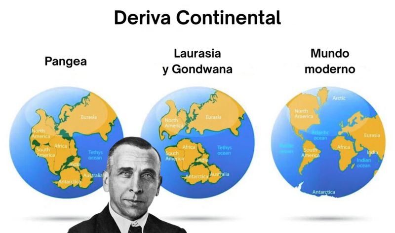Collage de la deriva continental junto con el desarrollador de su hipótesis, Alfred Wegener