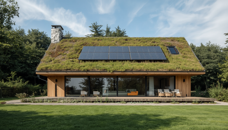 Imagen generada con IA de una vivienda bioclimática.