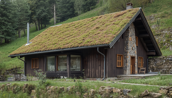 Imagen desarrollada con IA de una vivienda bioclimática de estilo rústivo alpino.