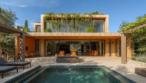 Imagen generada con IA de una casa bioclimática de estilo mediterráneo contemporáneo.