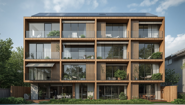 Imagen desarrollada con IA de un edificio bioclimático.