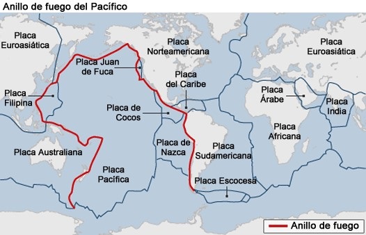 Imagen que muestra el Anillo de Fuego y las placas tectónicas que lo delimitan y provocan su actividad sísmica y volcánica