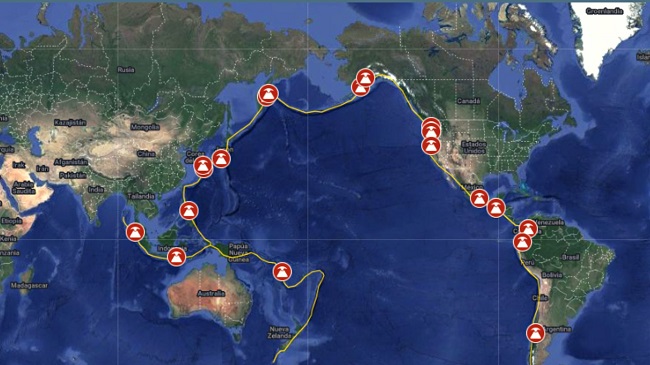 Fotografía que muestra el mapa de los volcanes activos en el Cinturón de Fuego del Pacífico